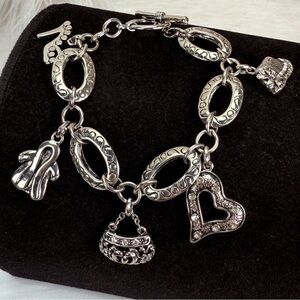 Vintage aged Silvertone metal toggle closure charm bracelet